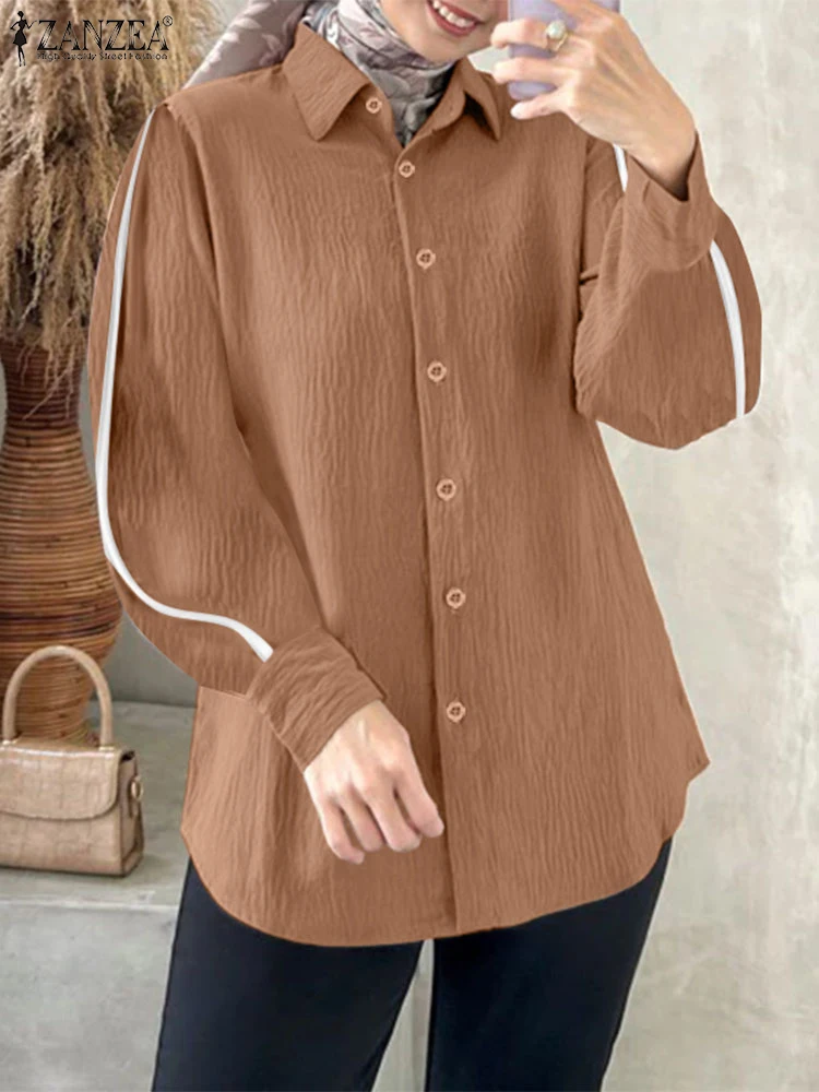 

ZANZEA Casual Hijab Turn-down Collar Tops Women's Muslim Fashion Islamic Color-Blocked Piping Shirts Long Sleeve Chemise Femme