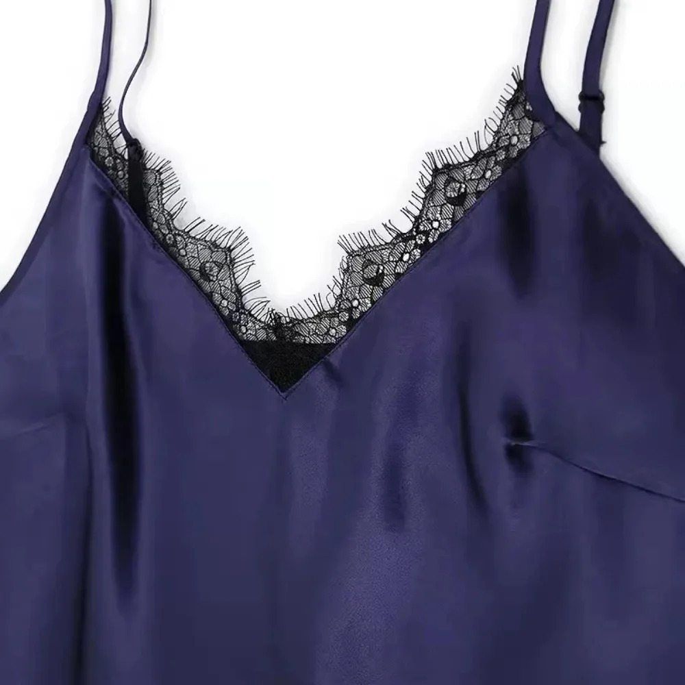 Abito in raso tinta unita in seta di gelso naturale al 100%, gonna con bretelle con scollo a V blu intenso con design casual in pizzo sexy da donna, 2026 Nuovo da donna