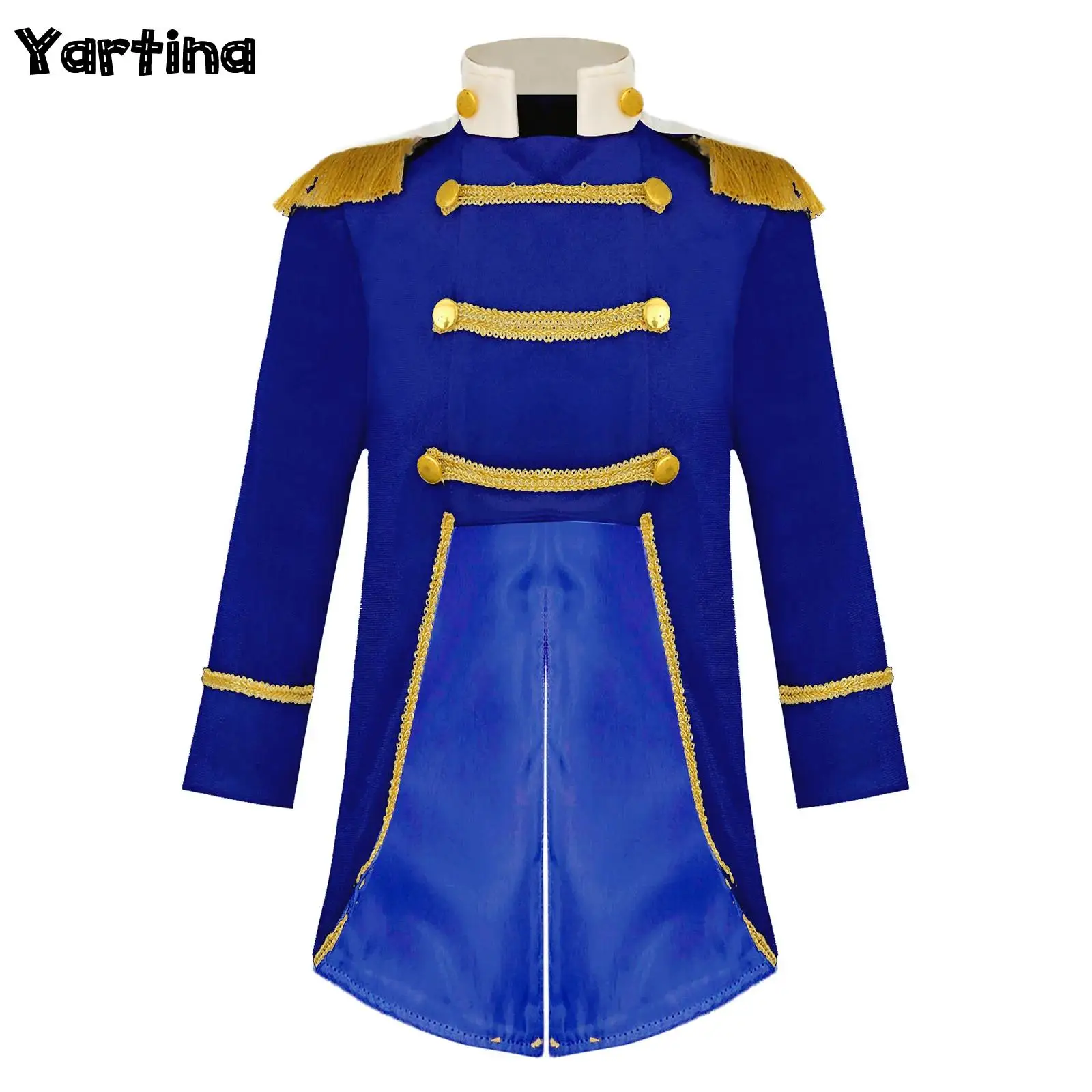 

Boys Royal Court Prince Cosplay Tailcoat Cosplay Costume Long Sleeve Gold Fringe Braiding Velvet Tailcoat with Head Accessory