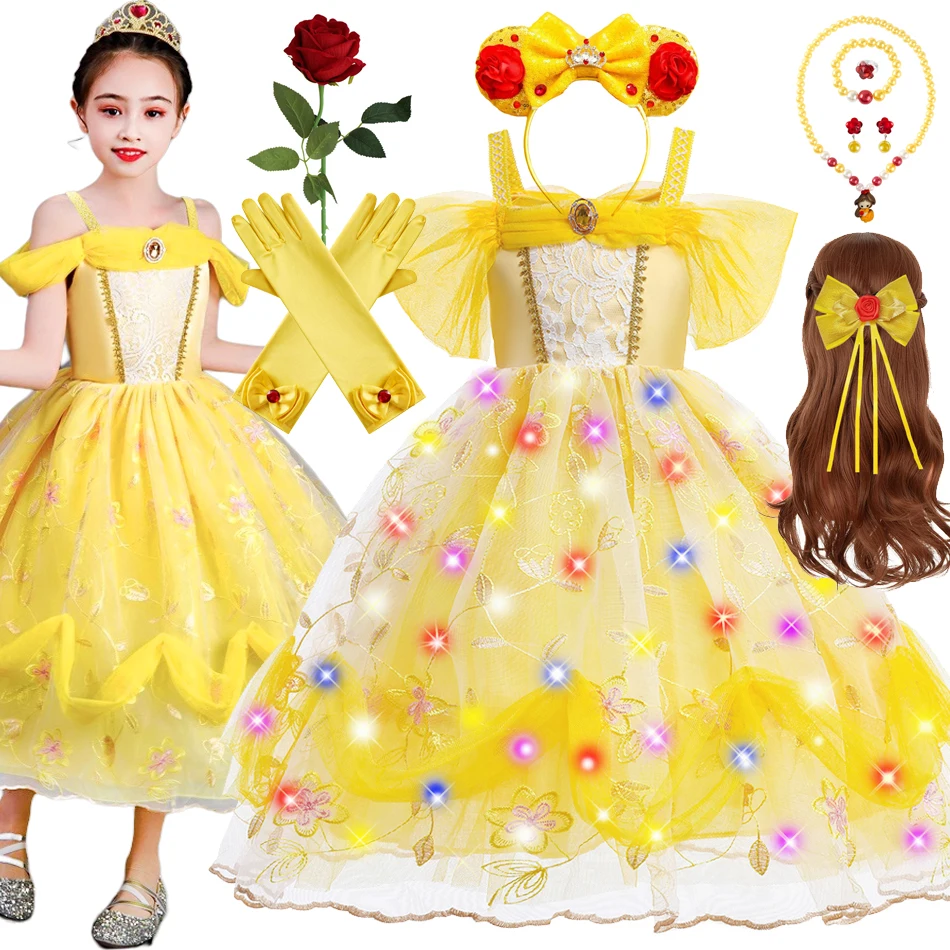 Robe de princesse jaune pour filles, costume de cosplay de la belle bête, robe de Rhde mariage de luxe, vêtements de carnaval pour enfants, costume de poivre, fête d'anniversaire