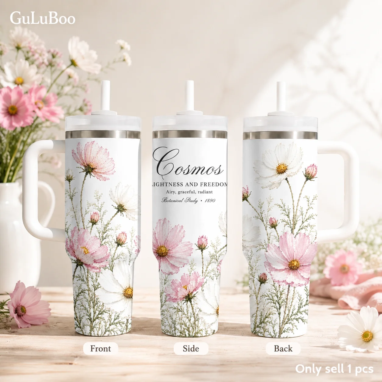 Botanical Study Florals Vacuum Flasks 40oz Stainless Steel Insulated Tumbler With Handle & Straw Leakproof Travel Mug
