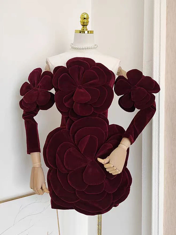 Designer driedimensionale applique strapless jurk 2025, lente damesmode feestjurk, sexy strakke wikkel heuprok + mouwen