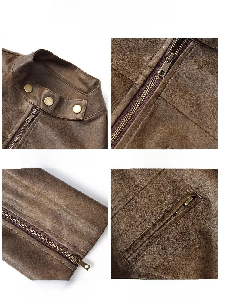 Retro American Sle ort หนัง Jaet ผู้หญิงรถจักรยานยนต์ Jaet สีน้ําตาลสาวร้อน Slim Fit ฤดูใบไม้ร่วงฤดูหนาว Faion Jacket