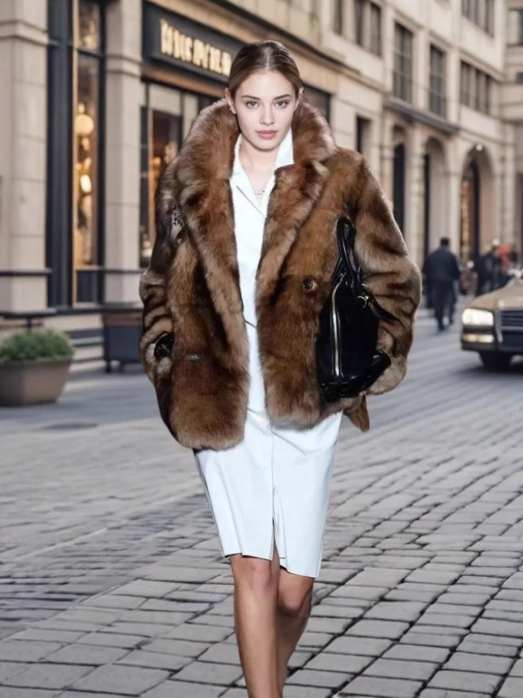 

Роскошное винтажное светло-коричневое женское пальто из искусственного меха с шикарными новыми лацканами, зимняя толстая ветрозащитная теплая свободная короткая куртка большого размера