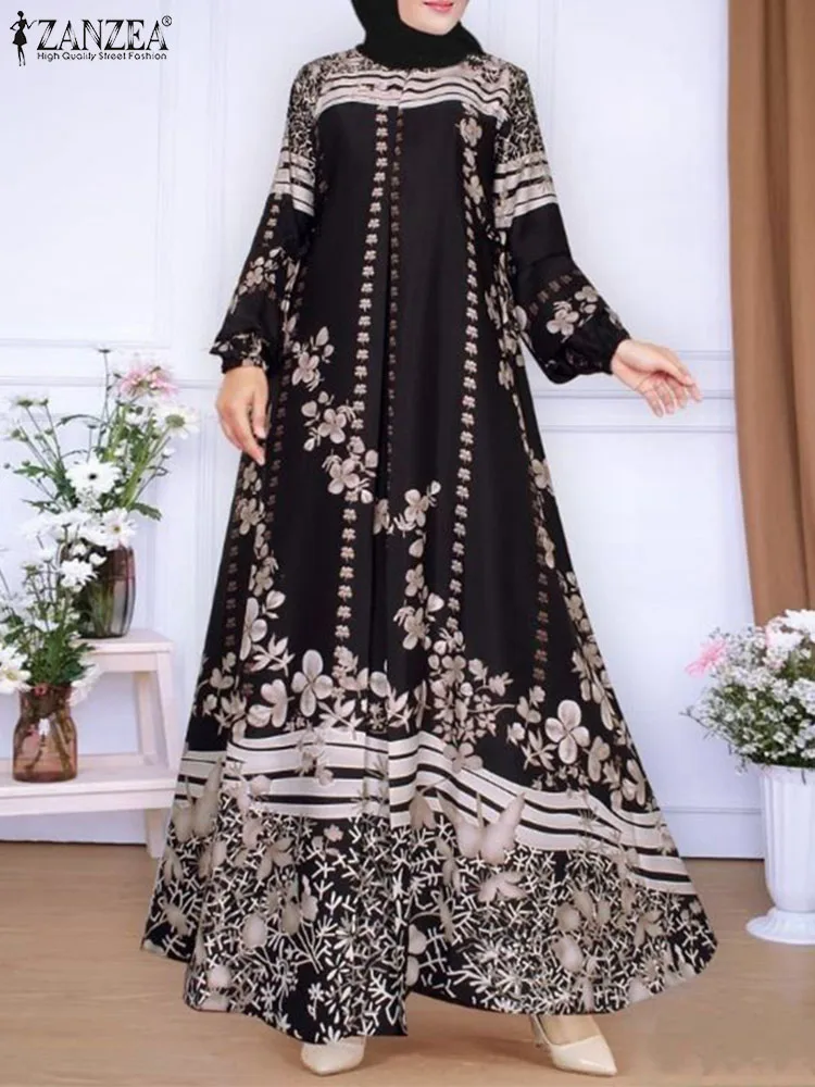 ZANZEA-Abaya estampada floral vintage, vestido longo maxi, vestido de verão boêmio, roupas islâmicas, veste muçulmana, hijab, primavera