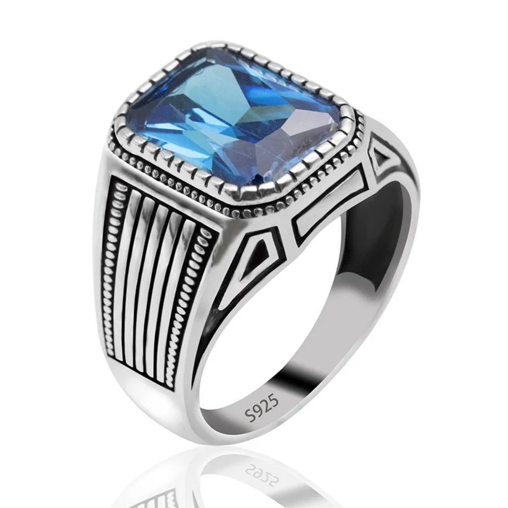 Wholesale Men Silver Rings 925 Sterling Silver Vintage Blue CZ Stone Ottoman Handmade Statement Men Female Wedding Ring