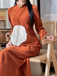 Orange Green Improved Chinese Style Cheongsam Thick Woolen Dress Elegant Women Vintage Long Dresses Winter Plush Qipao