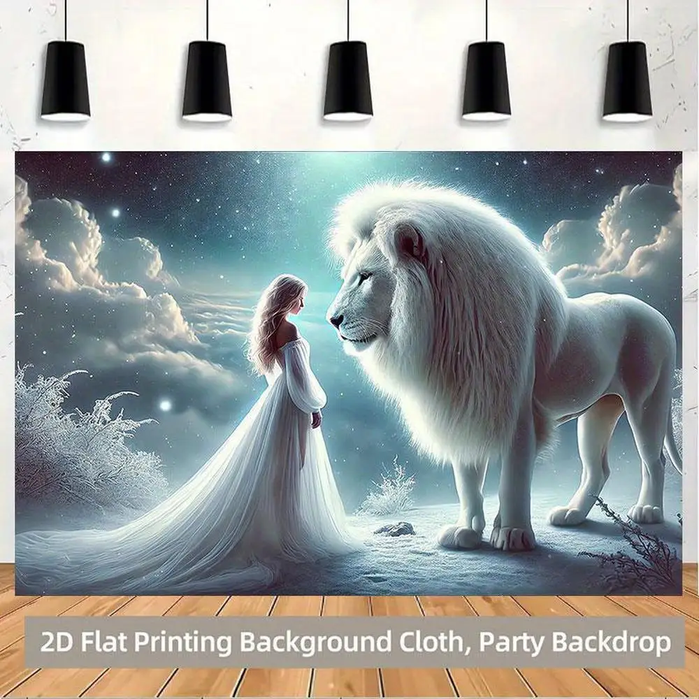 White Lion And Girl In White Dress Fantasy Dream 2D Flat Tapestry Backdrop For Bedroom Decor Magical Creature Wall Hanging Art