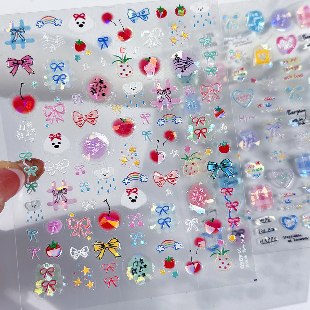 

1Pcs 5D Sweet Puppy Dyeing Apple Bow Nail Sticker Shell Light Musical Note Star Graffiti Colorful Nail Slider Manicure Decals-*&