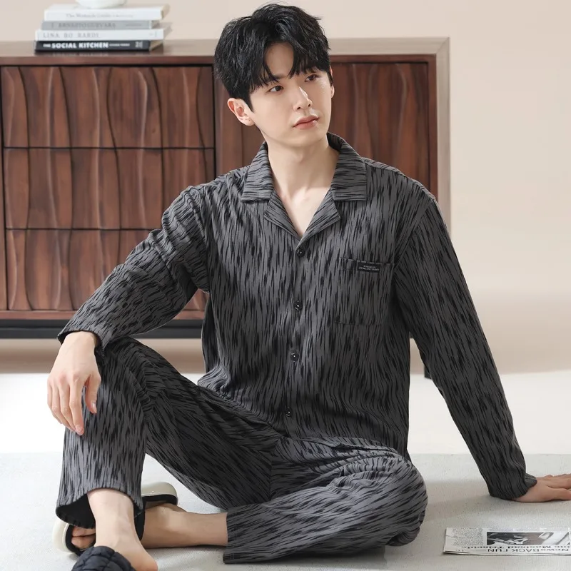 Korean Fashion Men's 2-Piece Pajamas Homewear Men's Spring And Autumn Large Size Cotton Leisure Cardigan Sleepwear Dropship