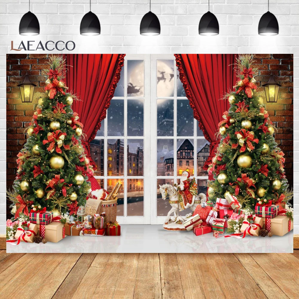 Christmas Window Sill Scene Photo Backdrop Winter Forest Xmas Tree Gift Box Red Curtain Family Portrait Photography Background