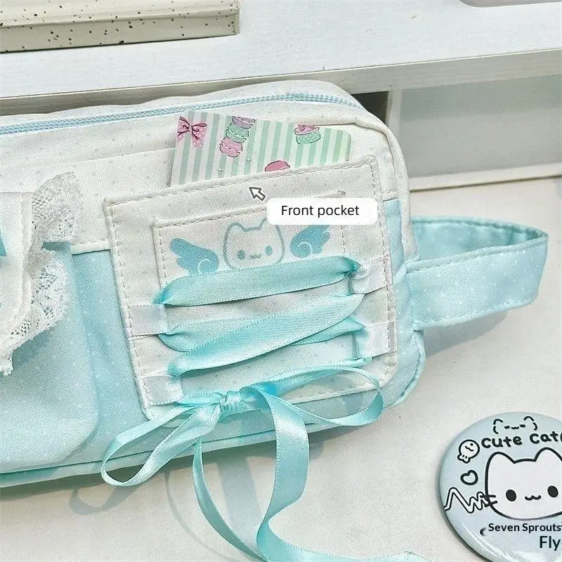 Portable Bow Lace Design Pencil Case Large Capacity Multi-Layer Pen Bag Polka Dot Handheld Stationery Organizer School Supplies