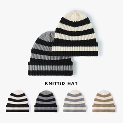 Winter Stripe Beanies Women Korea Style Vintage Causal Warm Soft Skulles black and white Fashionable Autumn Hats for Female