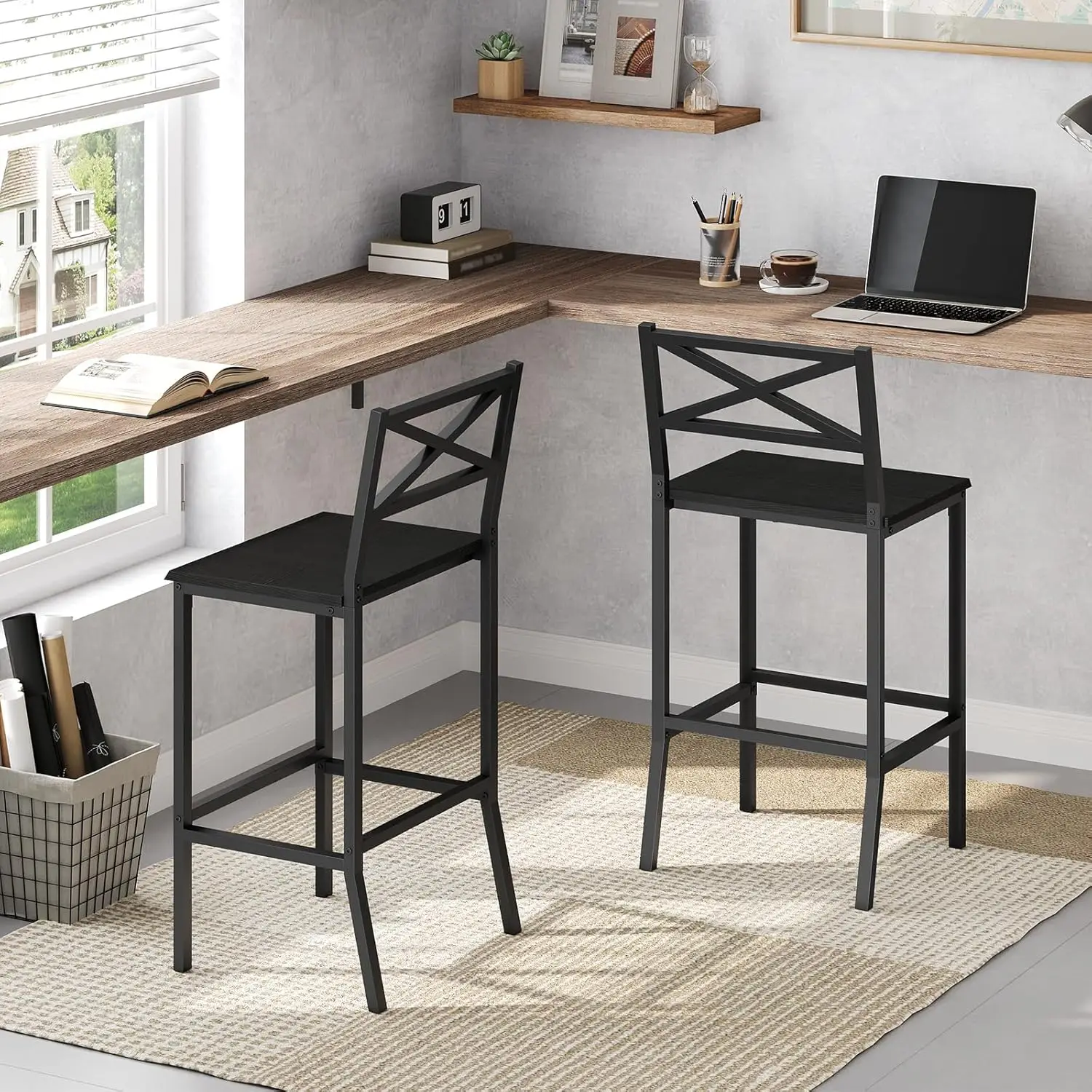 

Bar Stools, Set of 2 Bar Chairs with Backrest and Footrest, 26" Tall Counter Bar Stools, Kitchen Breakfast Bar Chairs, for Di