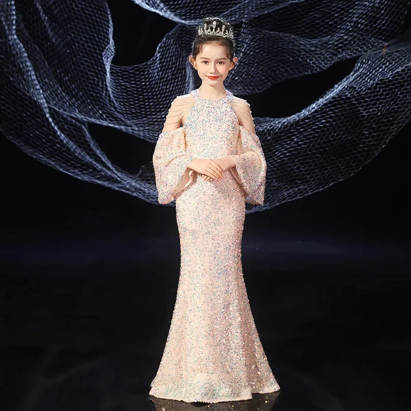 

Kids Catwalk Princess Elegant Gown Model Child Evening Luxury Long Dress Girl Host Fishtail Champagne Sequin Performance Costume