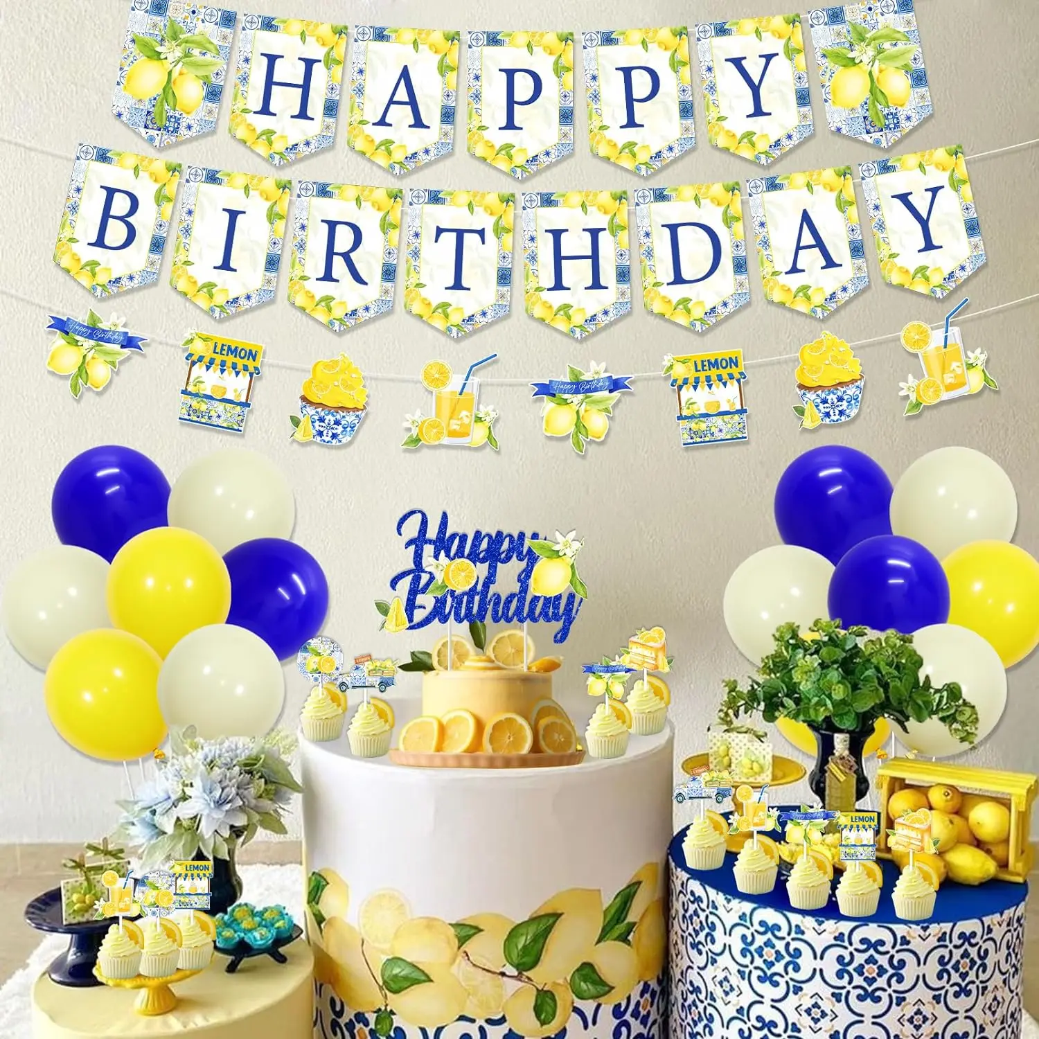 Imagem -02 - Telha e Lemon Theme Birthday Decor com Capri Happy Birthday Banner Lemon Guirlanda Cupcake Toppers Theme Party