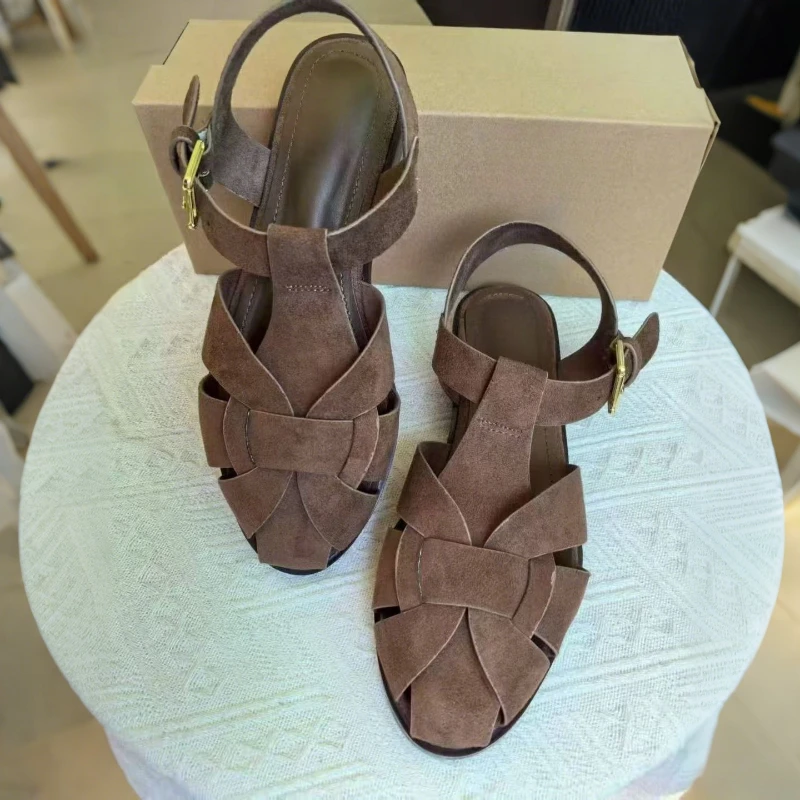 Brown Gladiator Sandals for Women 2026 New Summer Retro Woven Closed Toe Flat Sandals Comfort Buckle Strap Shoes