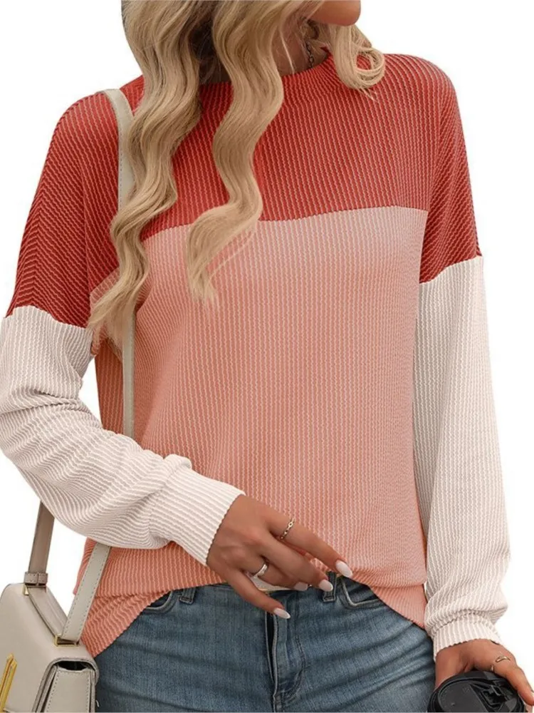 Women's 2024 Autumn Winter New Round Neck Twisted Strip Color Blocked Long Sleeve Casual Loose T-shirt For Women