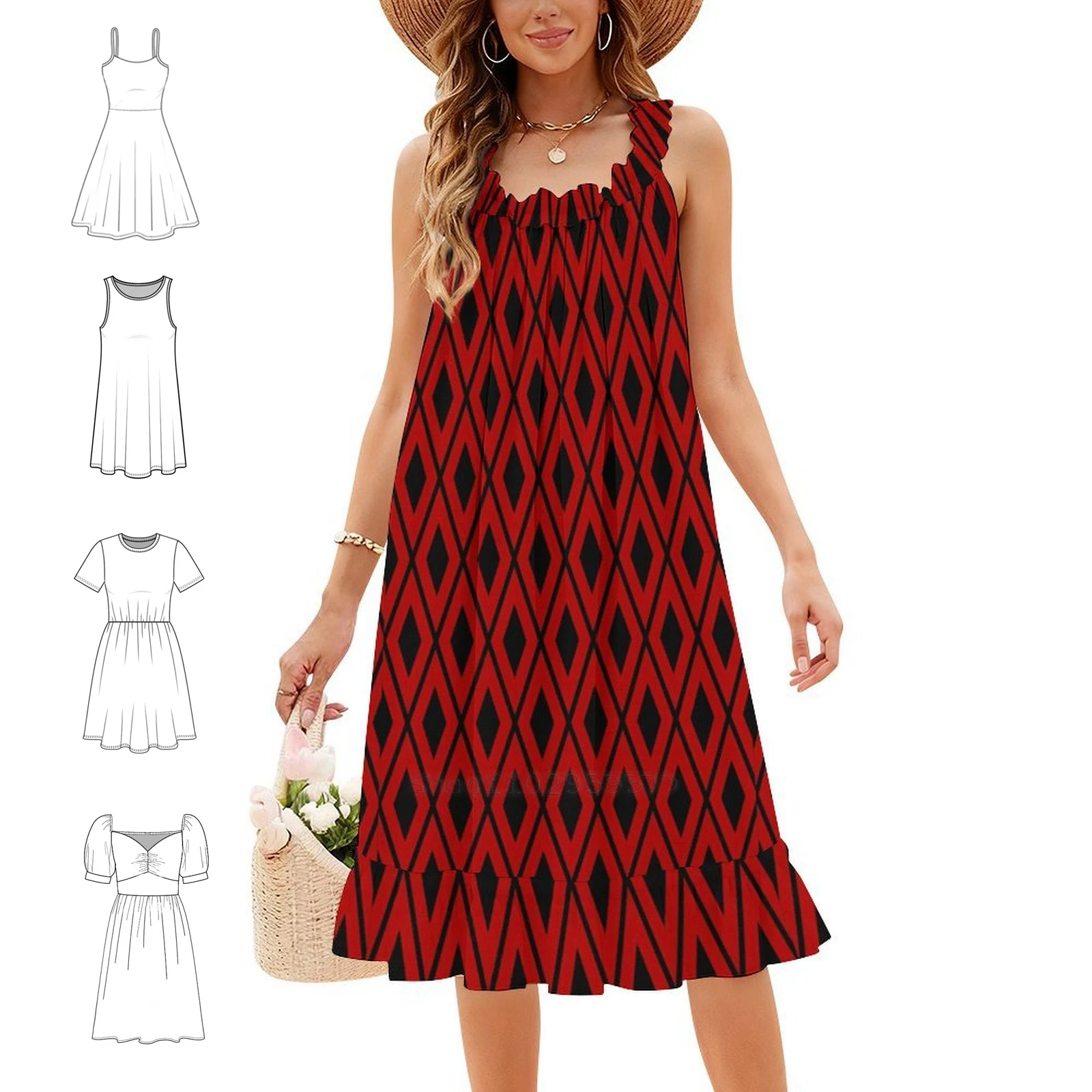 Red And Black Diamonds Bohemian Sleeveless Dress Multi-Print Beach Vacation Party Dress Blockfashion Black Diamonds Pattern
