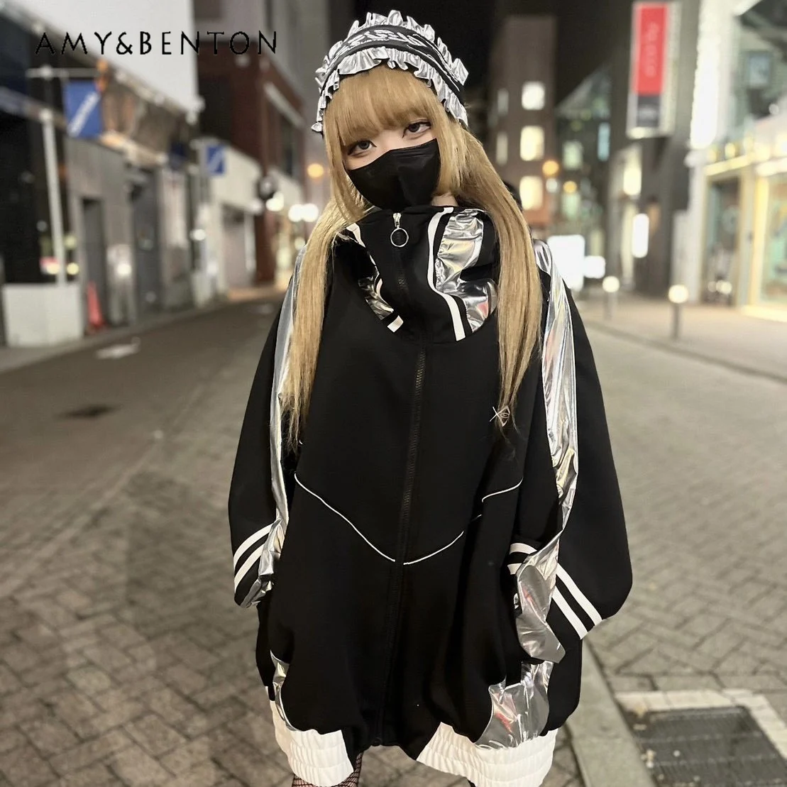 Japanese Harajuku Mine Gothic Patchwork Color Hooded Oversized Coat + Detachable Pants Two-Piece Sets Goth Street Couple Outfits