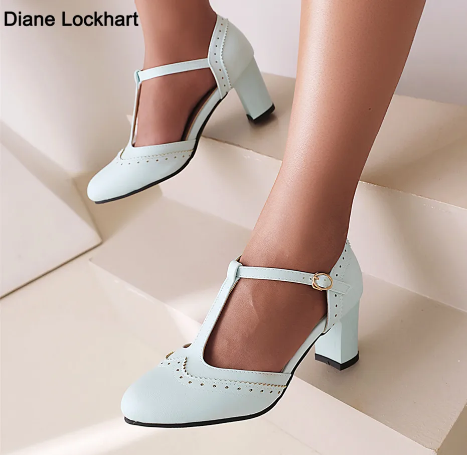 Women Shoes 2024 High Heels Spring Mary Jane Low Heel Shoes Ladies Buckle Round Head Shoes Pink Blue Black Large Size 34-43