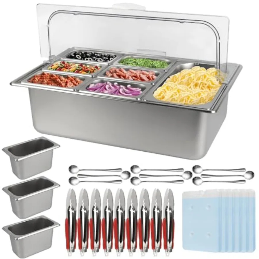 

Pizza Topping Storage Station, Stainl Steel Condiment Containers with Flip Lids Spoons Ice Box Food Tongs Ice Food Serving Disp