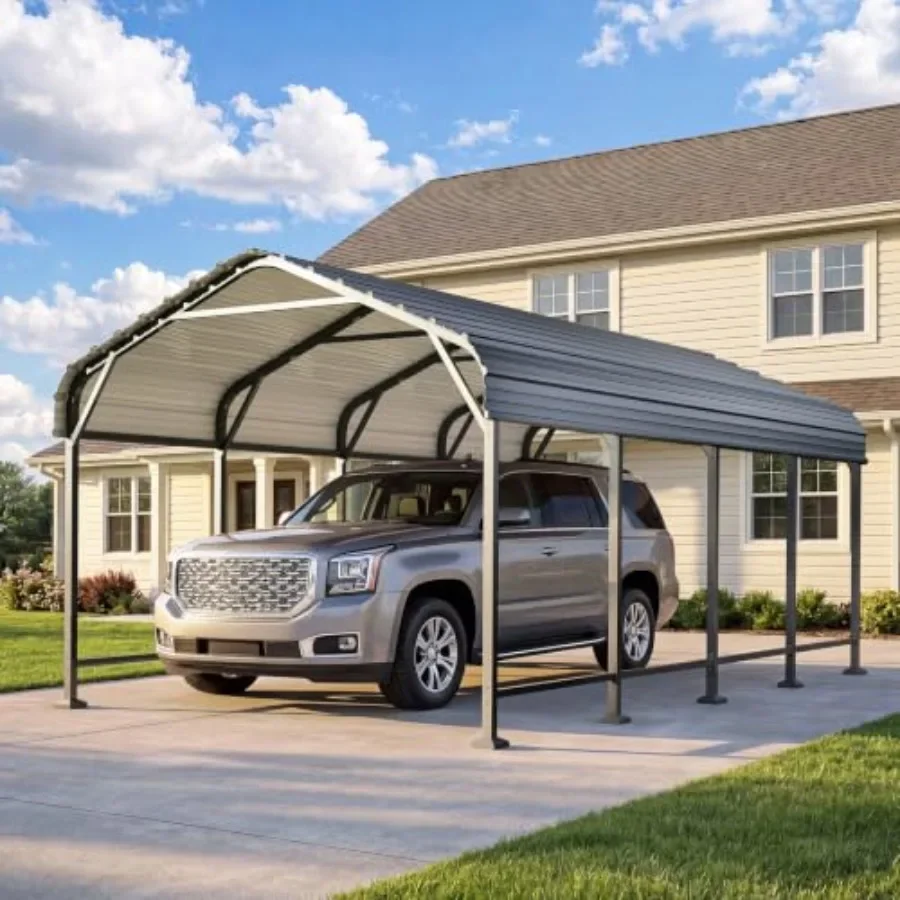 Feet Metal Carport Heavy Duty Carport Garage with Enhanced Base for outdoor vehicle storage, galvanized steel, gray, rust-resis