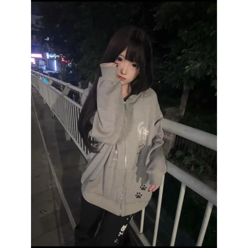 Y2k سويت شيرت بقلنسوة على شكل آذان قطة ثنائي الأبعاد بأكمام طويلة للنساء سترة بسحاب للخريف والشتاء