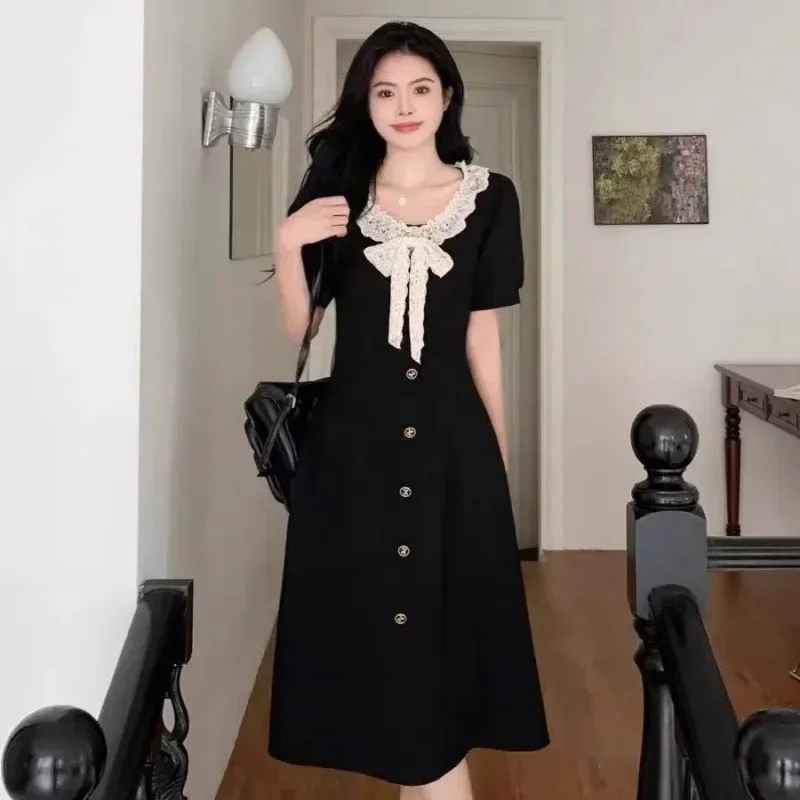 Plus Size 2025 Bow Dress Slimming Summer Style Clothing New Vintage Round Neck For Women Hiding Body Shape Stylish dfffdd2