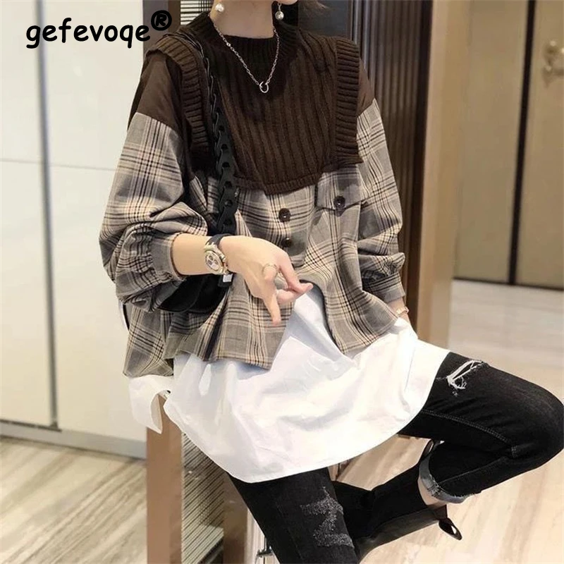 Women Korean Fashion Plaid Patchwork Oversized Asymmetrical Blouses Y2K Female Casual Streetwear Long Sleeve Fake Two Piece Tops