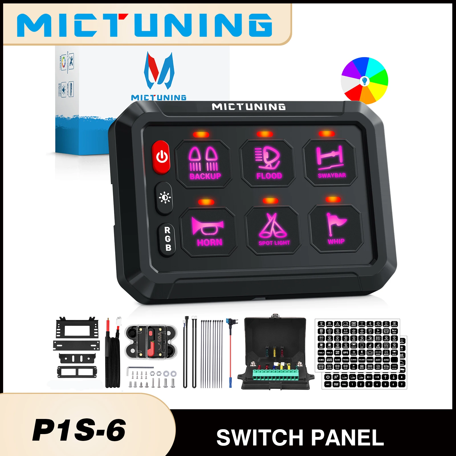 MICTUNING P1s RGB 6 Gang Switch Panel,12V/24V Multifunction Switch Pod with Backlit Off,Circuit Control Relay System Box For Car