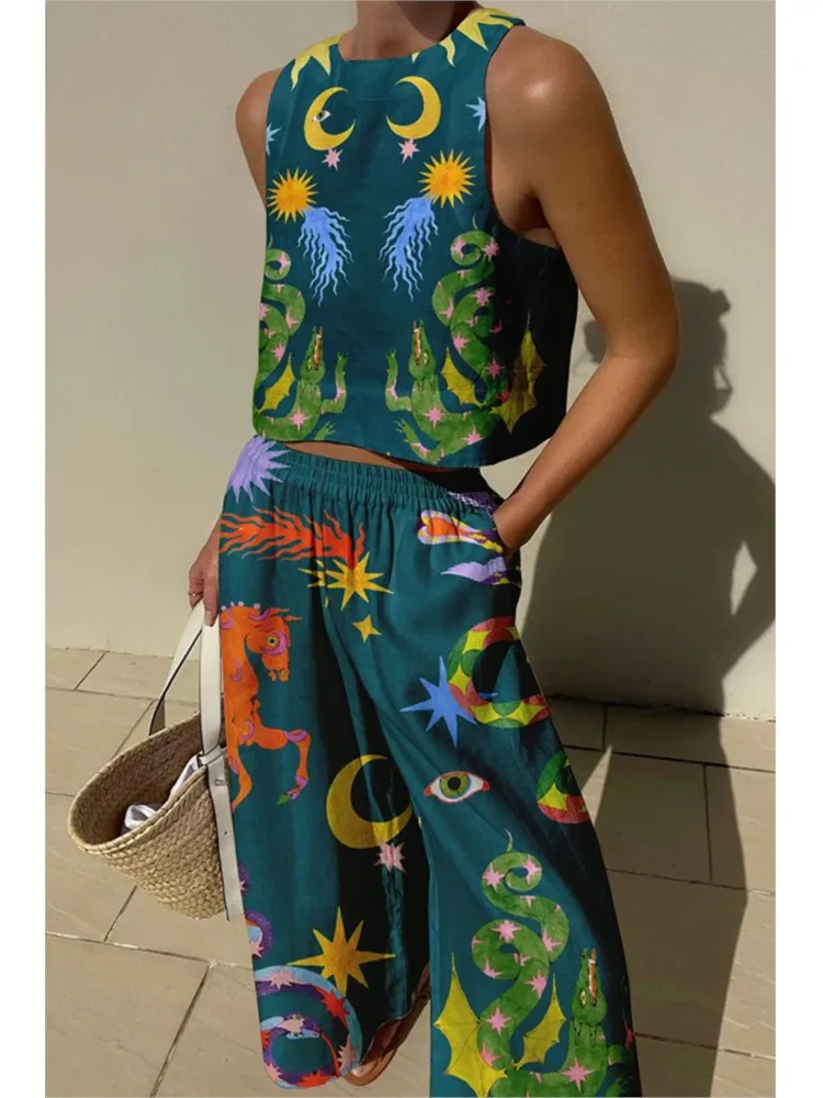 Printed Women Clothing, Sleeveless Short Top Loose Pants 2-piece Set Spring/summer Hawaiian Beach Casual Sets Innovative In 2025