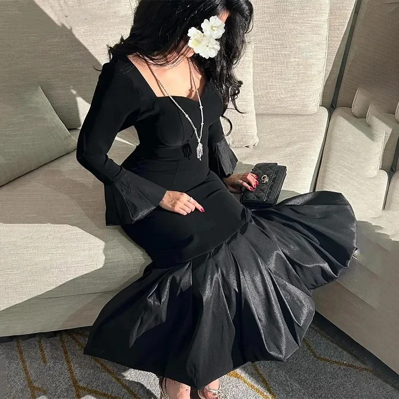 Black Mermaid Prom Dress Sweetheart Long Sleeves Party Evening Gowns Tea Length Saudi Simple Formal Occasion Dresses