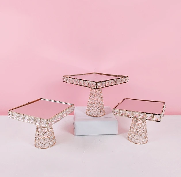 3PCS Gold Cake Stand Cupcake Dessert Square Stands Mirror Set for Birthday Party