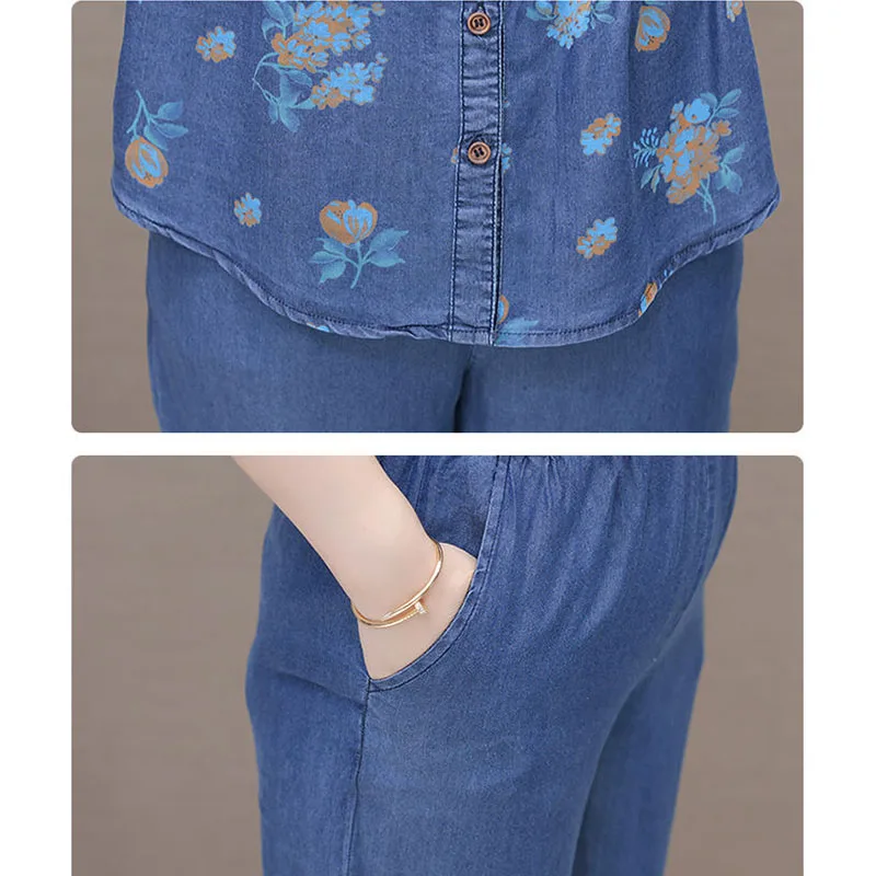 High End Denim Casual Suit Women 2024 Summer Thin Print Short Sleeved Single Breasted Top+ Cropped Pants 2PCS Set Female 4XL