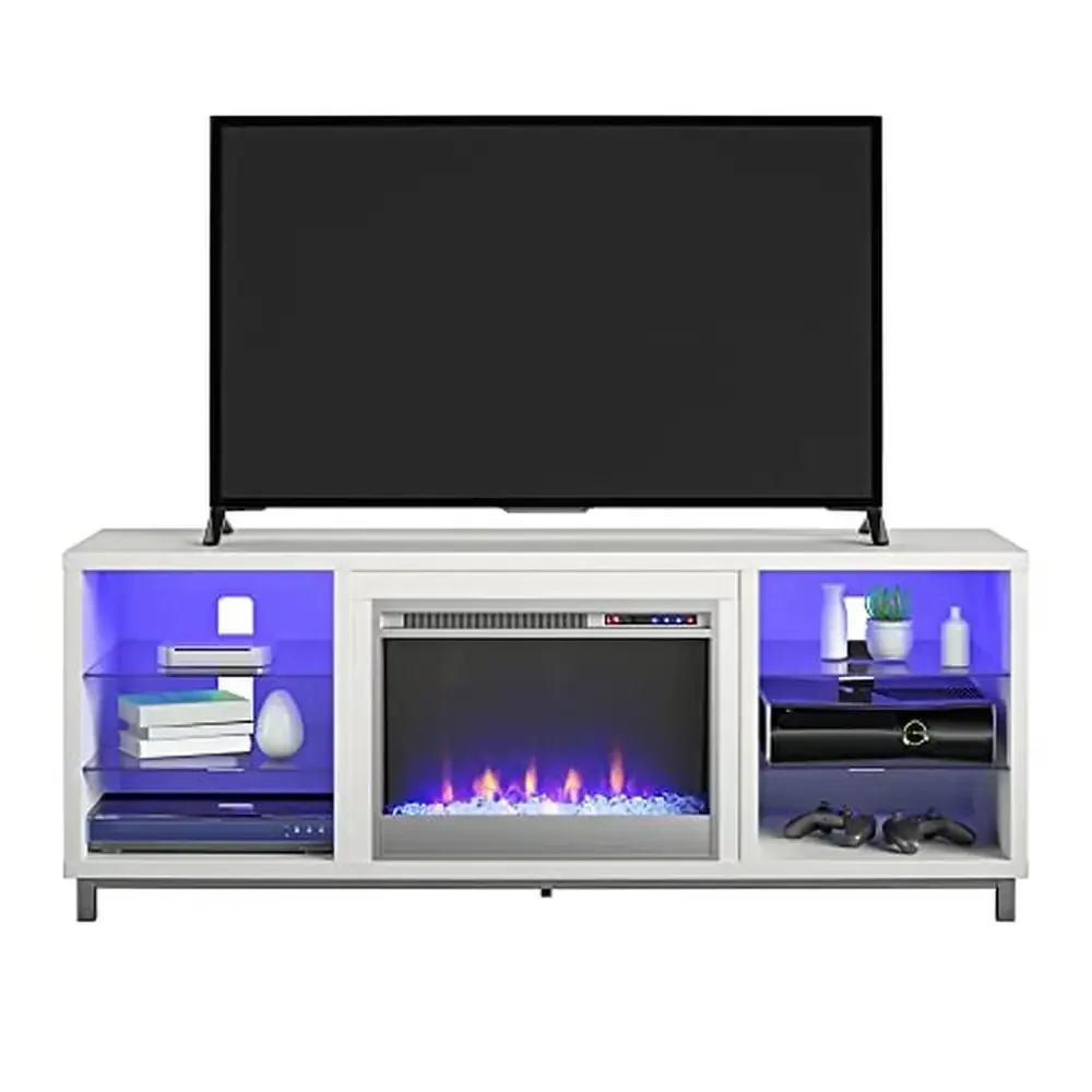 70 Inch TV Stand Electric Fireplace Remote Control Timer LED White Modern Design Shelf Storage Stand