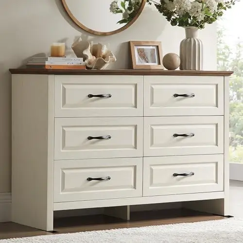 Amada Farmhouse 6 Drawer Dresser for Bedroom, 47.2 Inch Wide Wood Dresser with Natural Texture, Large Drawers, Rustic