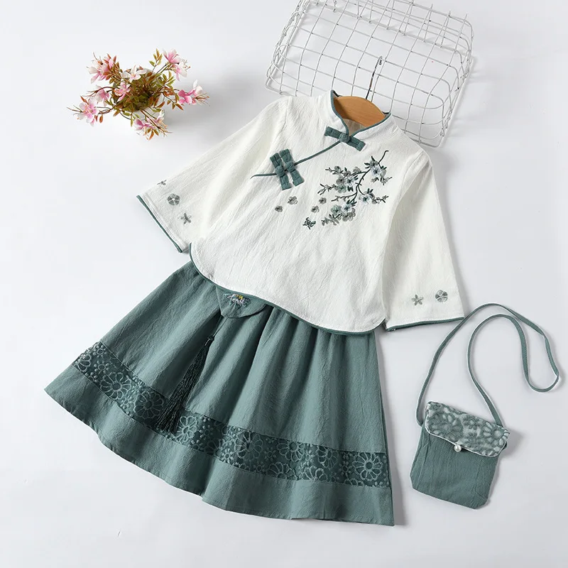 

Kids Spring Summer Short Sleeve Tang Suit Girls Embroidery Cotton Ancient Hanfu Children Chinese Traditional Perform Wear