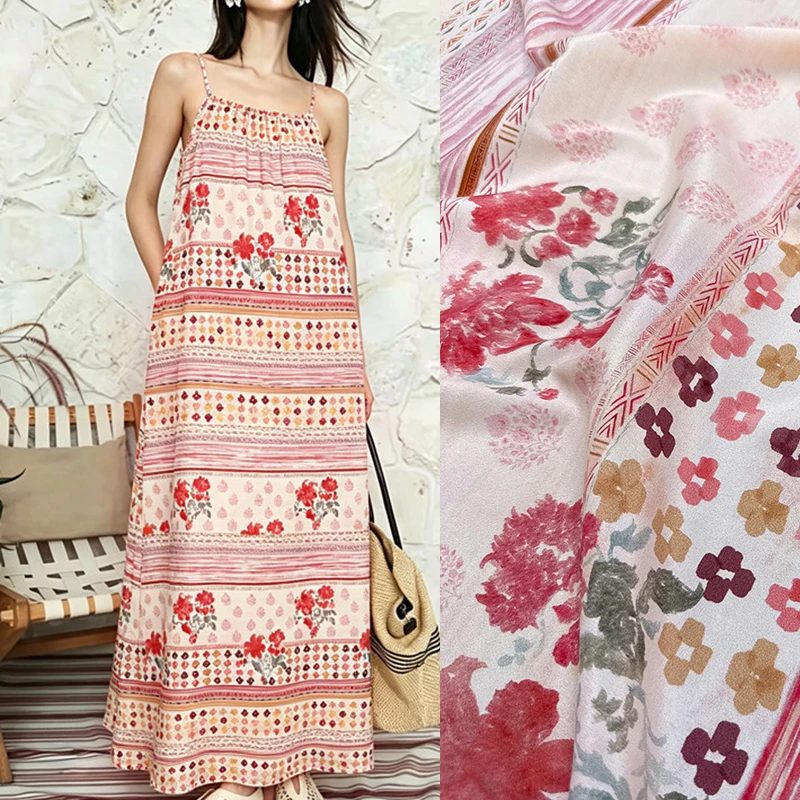 Floral and Stripes Printed Stretch Silk Crepe de Chine Fabric for DIY and Sewing Pink Silk Fabric for Dress Pants Pajamas R7054