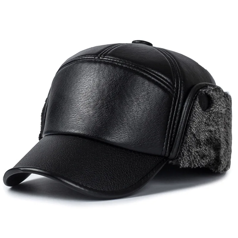 New Winter Bomber Hat Men Women Russian Black Leather Ushanka Cap With Ear Flaps Fur Warm Leather Brand Baseball Cap