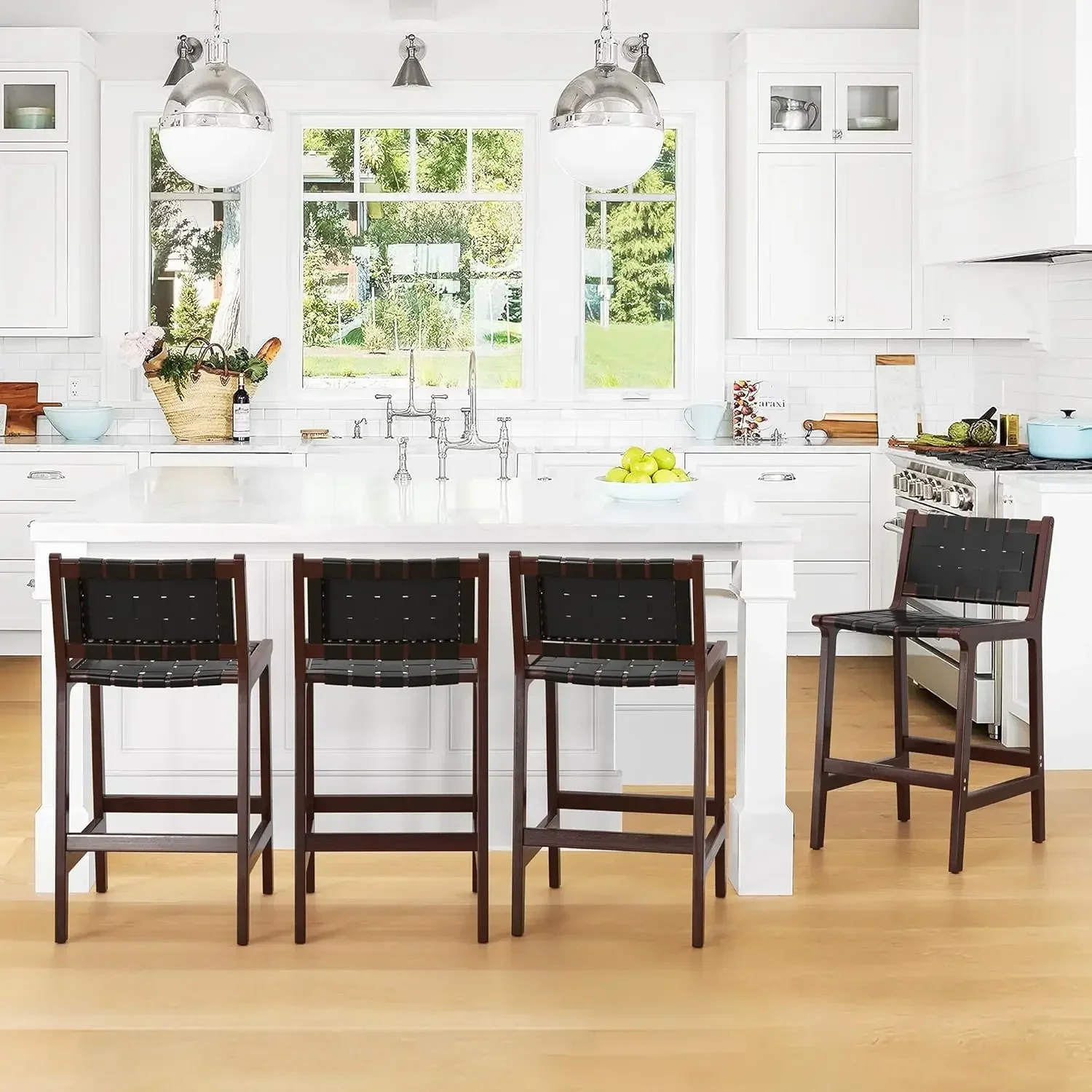 

Counter Height Bar Stools 24inch, Set of 4 Faux Leather Woven , Woven Strips Rattan Barstools Home Kitchen, Black