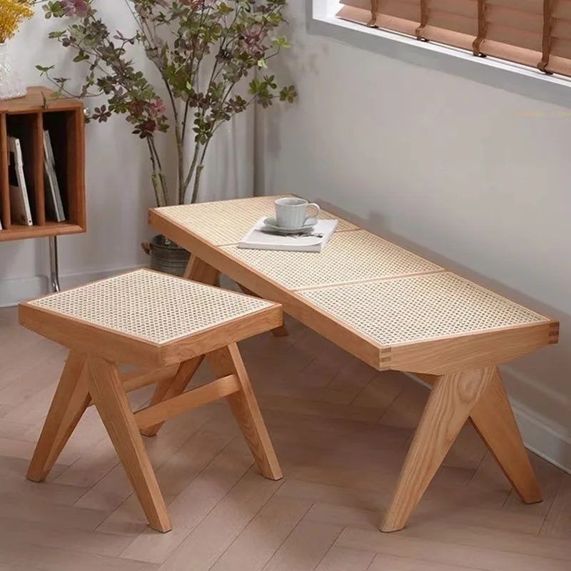 rattan bench, Nordic solid wood house silent wind shoe changing stool, rattan double-layer rattan surface single double