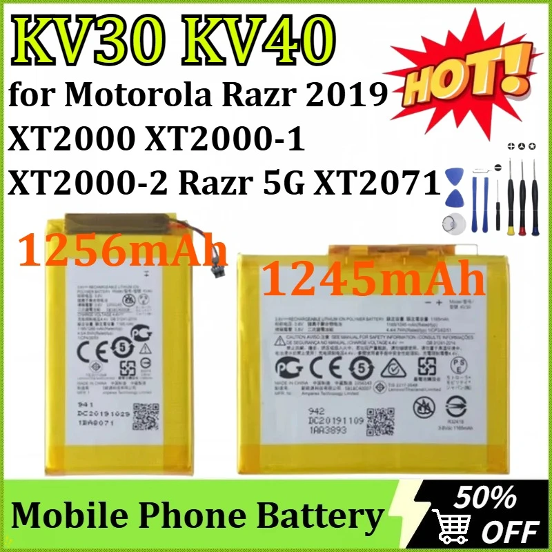 

NEW 1245mAh 1265mAh Mobile Phone Battery KV30 KV40 for Motorola Razr 2019 XT2000 XT2000-1 XT2000-2 for Razr 5G XT20 + Tools