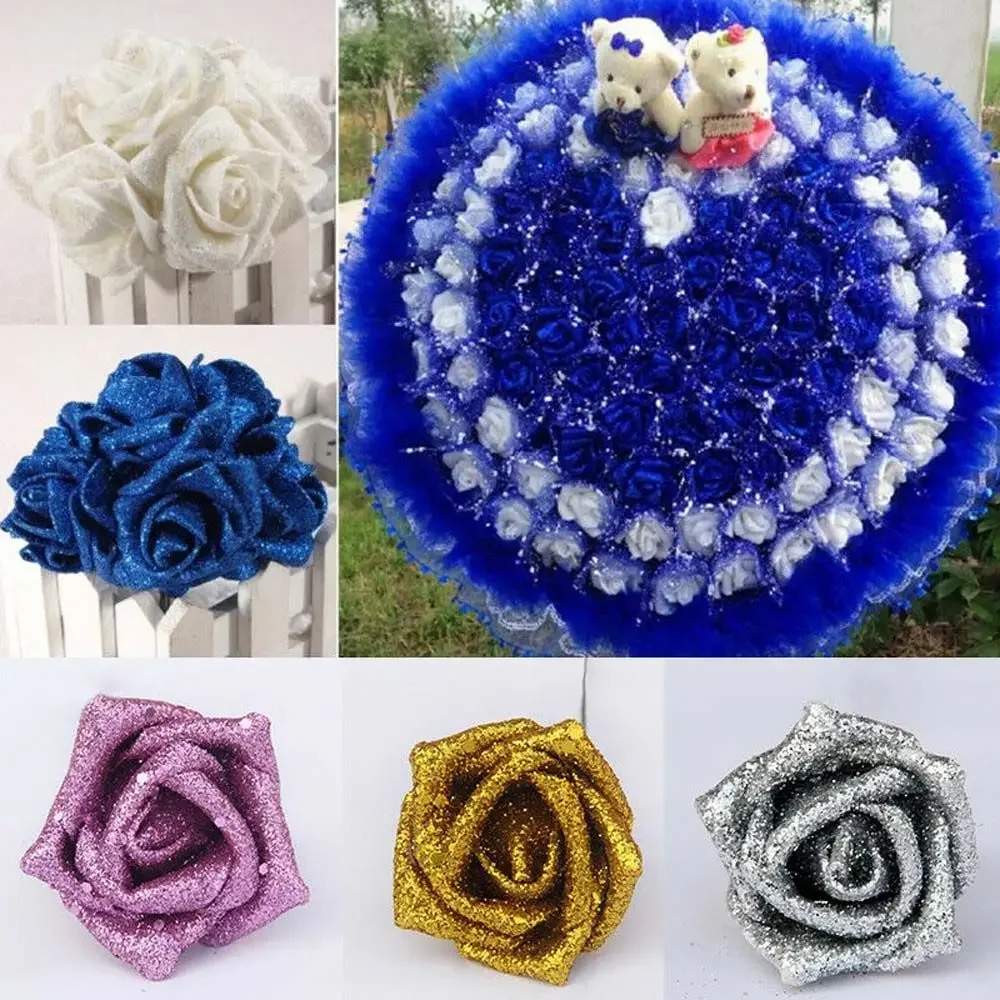 10 pièces Bouquet de mariée avec poudre de paillettes Roses bleues fleurs artificielles Roses en mousse décoration Roses artificielles