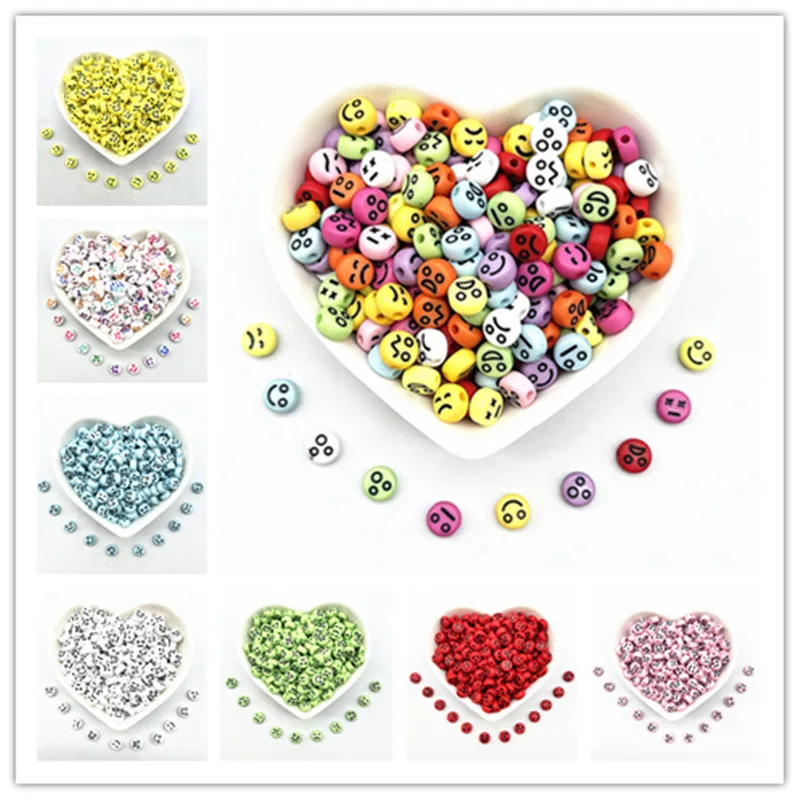 100pcs 7x4mm Oval Shape Smiling Face Emoticons Beads Acrylic Loose Spacer Beads for Jewelry Making DIY Bracelet Accessories