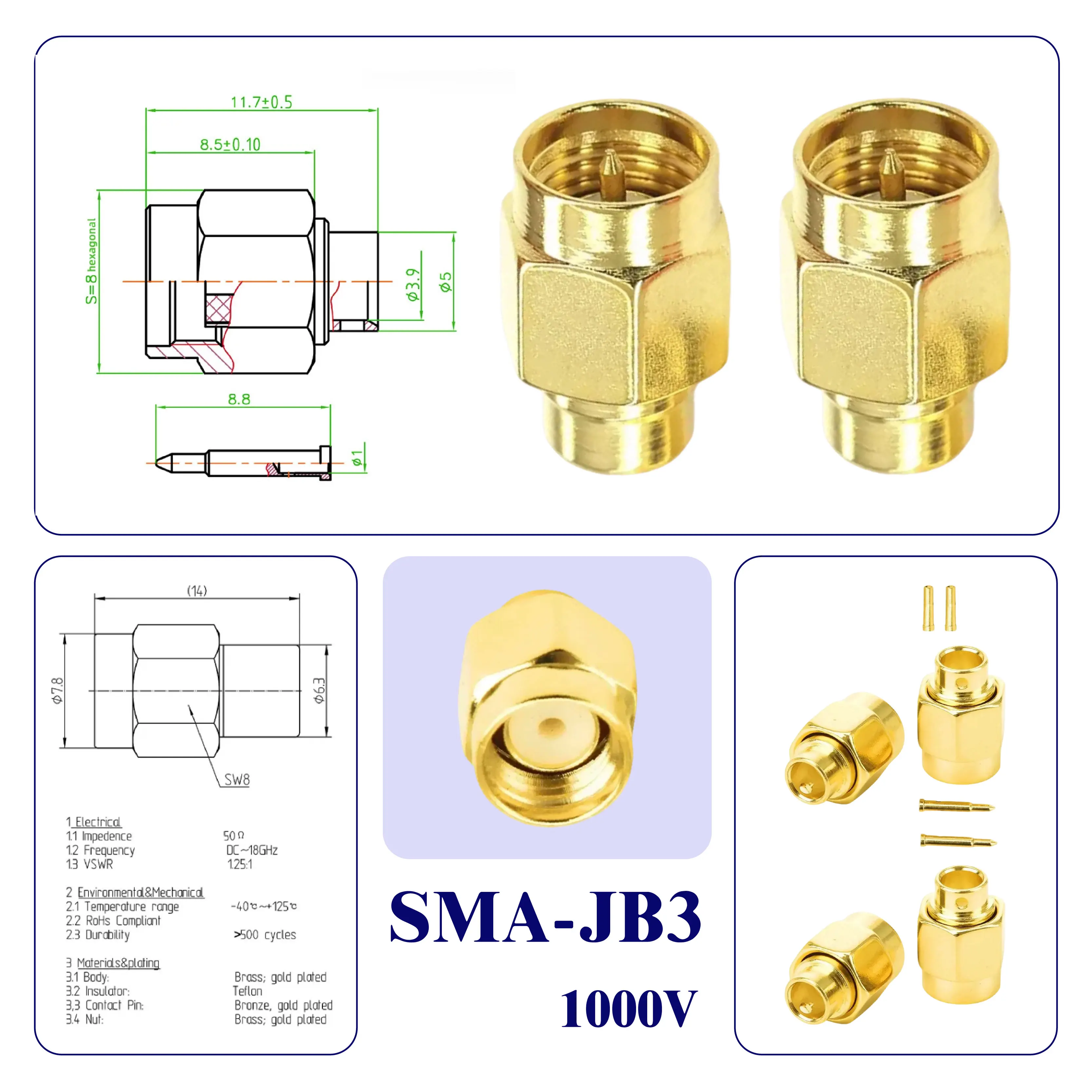 SMA-JB3 Male Female Termination Load 1000V 6GHz Gold Plated RF Dummy Load Connector