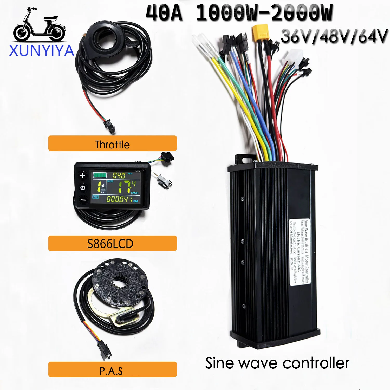 40A 1000W-2000W Sine Wave Brushless Motor Controller 36V 48V 64V S866 Color LCD Display+ PAS + Throttle Kit for Electric bicycle