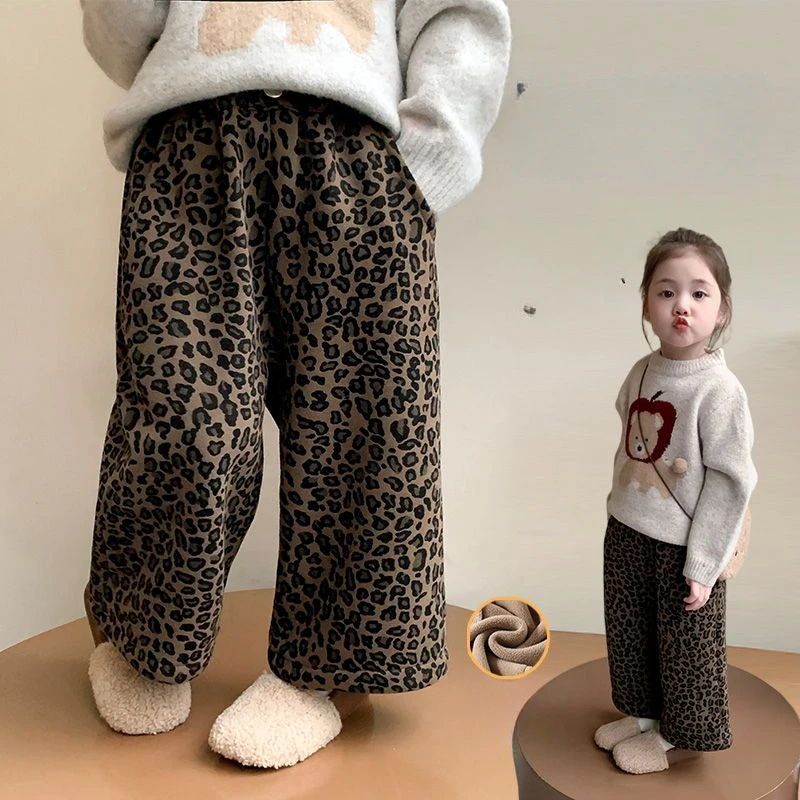 Kids Pants Leopard Print Wide-leg Pants Girls' Fleece and Thick Pants Girls Winter Clothes Kids Clothes for Girls