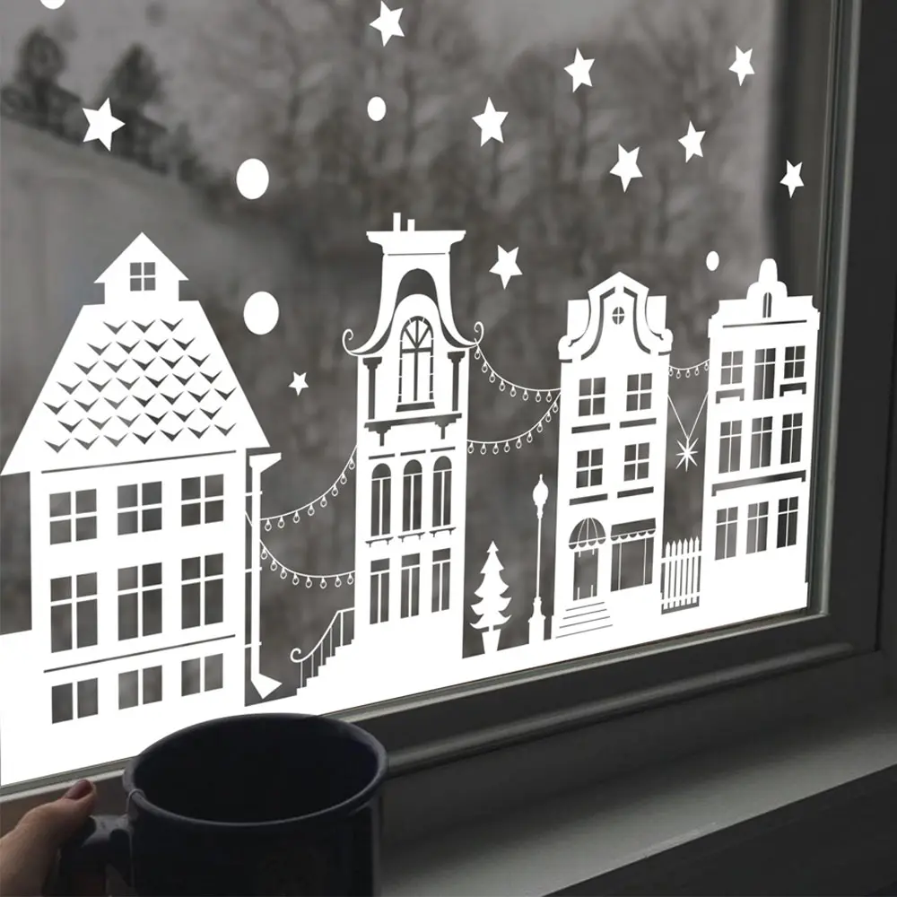 Christmas Window Stickers Creative White Castle Streetscape Window Clings Sliding Door Static Film Removable New Year Home Store