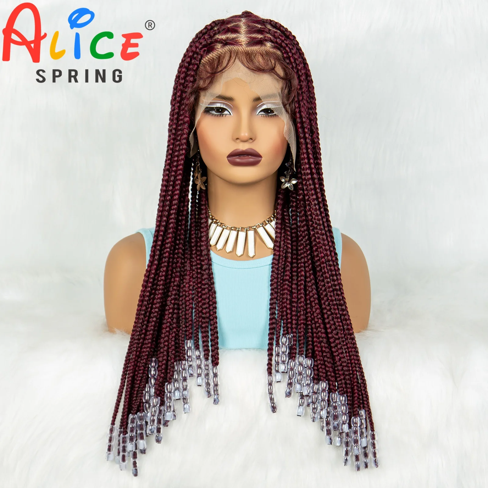 Bungundy Synthetic Full Lace Braided Wigs for Women Braided Wigs with Beads Knotless Cornrow Twist Braids Wigs with Baby Hair